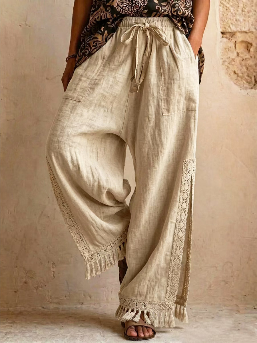 Women's Tassel Side Slit Loose-fit Casual Cotton And Linen Vacation Bohemian-style Wide-leg Pants