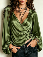 Satin Wrap-style Blouse Featuring A Folded Crossover Shoulder Design, Side-drawstring Waist, And Loose-fitting Puffed Long Sleeves