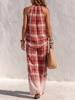 Effortless Plaid Two-Piece Set – Halter Neck Top & Ombre Wide-Leg Pants