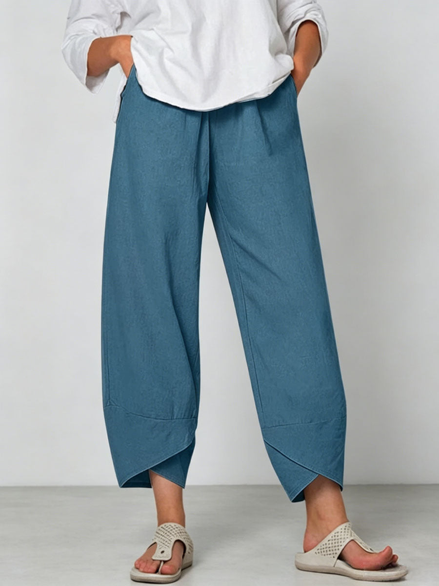 Women's Solid Color Stylish Loose-fit Casual Cropped Cotton And Linen Pants