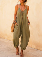 Women's Casual Loose Sleeveless Pockets Cotton And Linen Jumpsuit