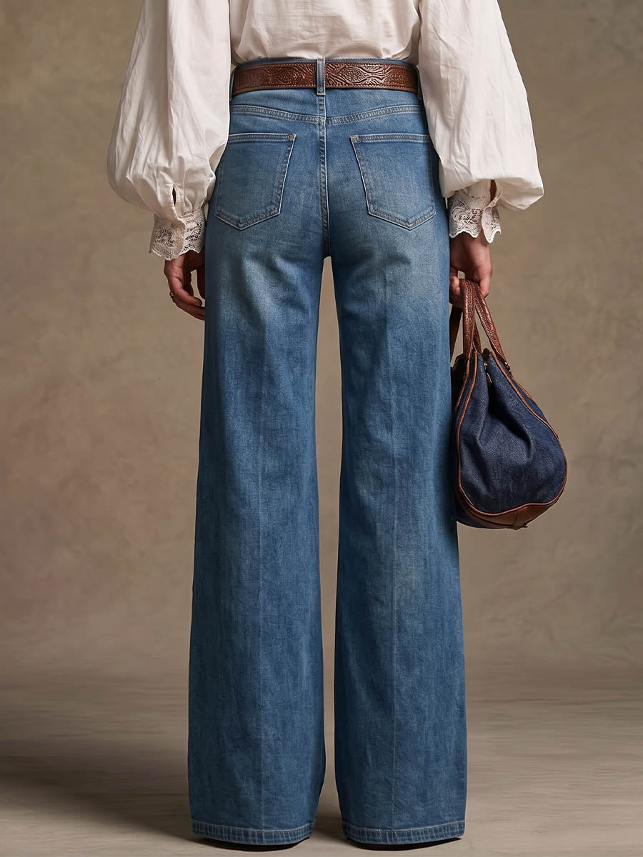Women's High-waisted Casual Loose-fit Wide-leg Jeans With Metal Zipper Detail
