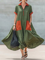 Color-block Lapel Half-zip Short-sleeve Loose Cotton-linen Maxi Dress