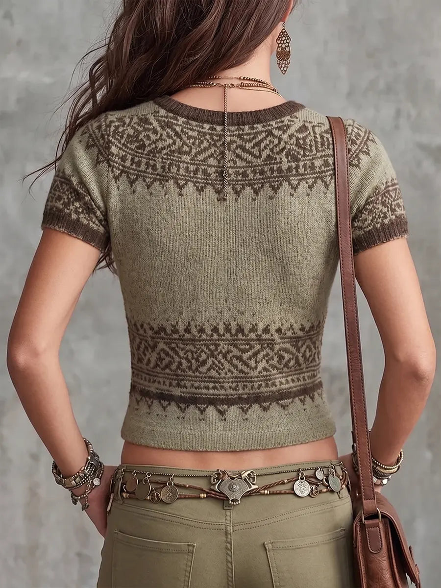 Boho Fair Isle Patterned Knit V-Neck Top