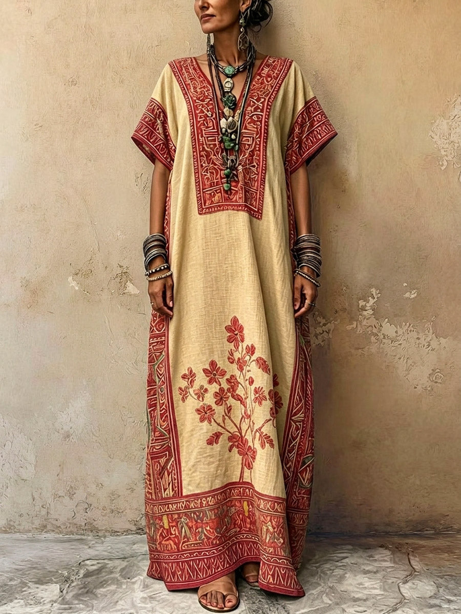 Women's Retro Floral Art Casual Stylish V-collar Short Sleeve Cotton Linen Maxi Dress