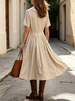 Women's Casual Stylish Lapel Short Sleeve Pockets Linen Midi Dress