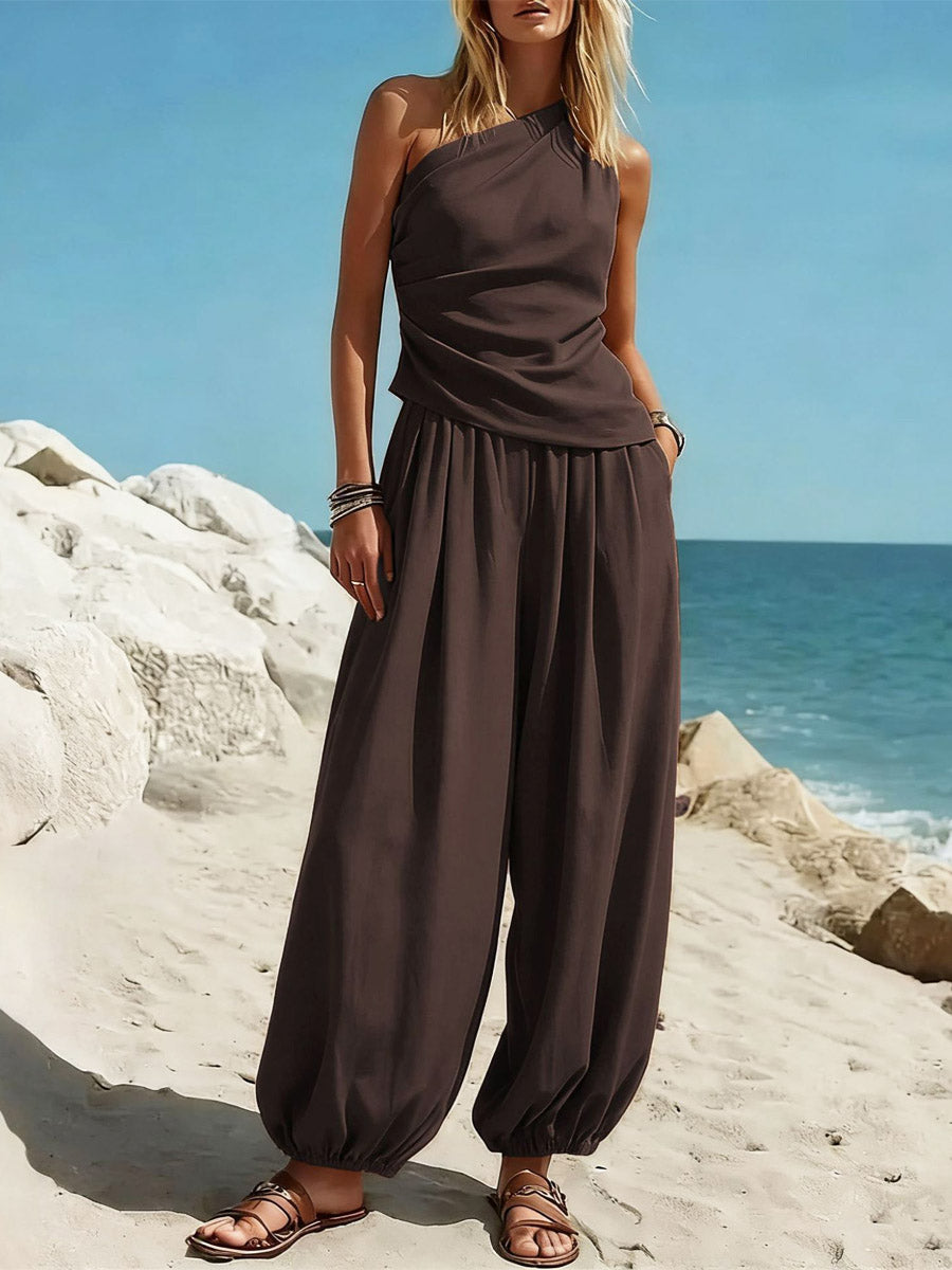 Women's Off-shoulder Art Casual Top And Pants Two-piece Set