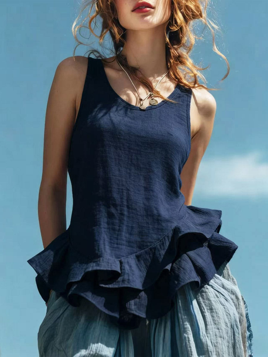 Women's Ruffle Hem Art Casual Stylish Sleeveless Cotton Linen Shirt