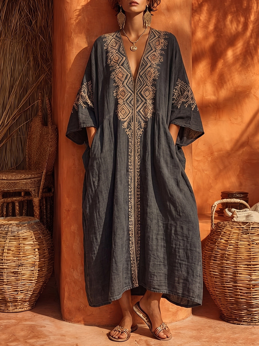 Breathable Cotton-linen Boho Dress With Diamond Print