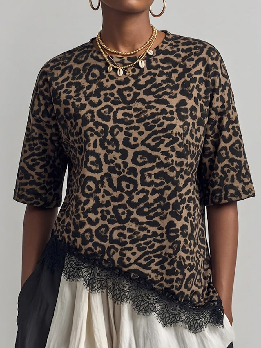 Retro Leopard-print Loose T-shirt With A Round Neck, Short Sleeves, And An Asymmetrical Lace Hem.