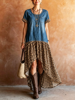 Washed Denim Spliced Leopard Print Round Neck Short Sleeve High Low Split Maxi Dress