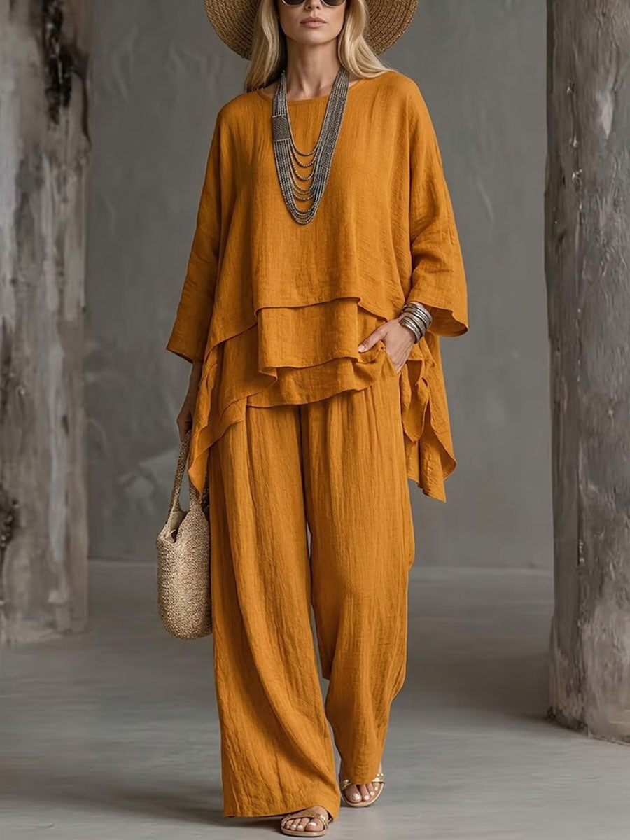 Women's Solid-color Casual Cotton-linen Set: Long-sleeve Crew-neck Top & High-waisted Wide-leg Pants