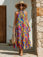 Abstract Watercolor Print Halter Dress