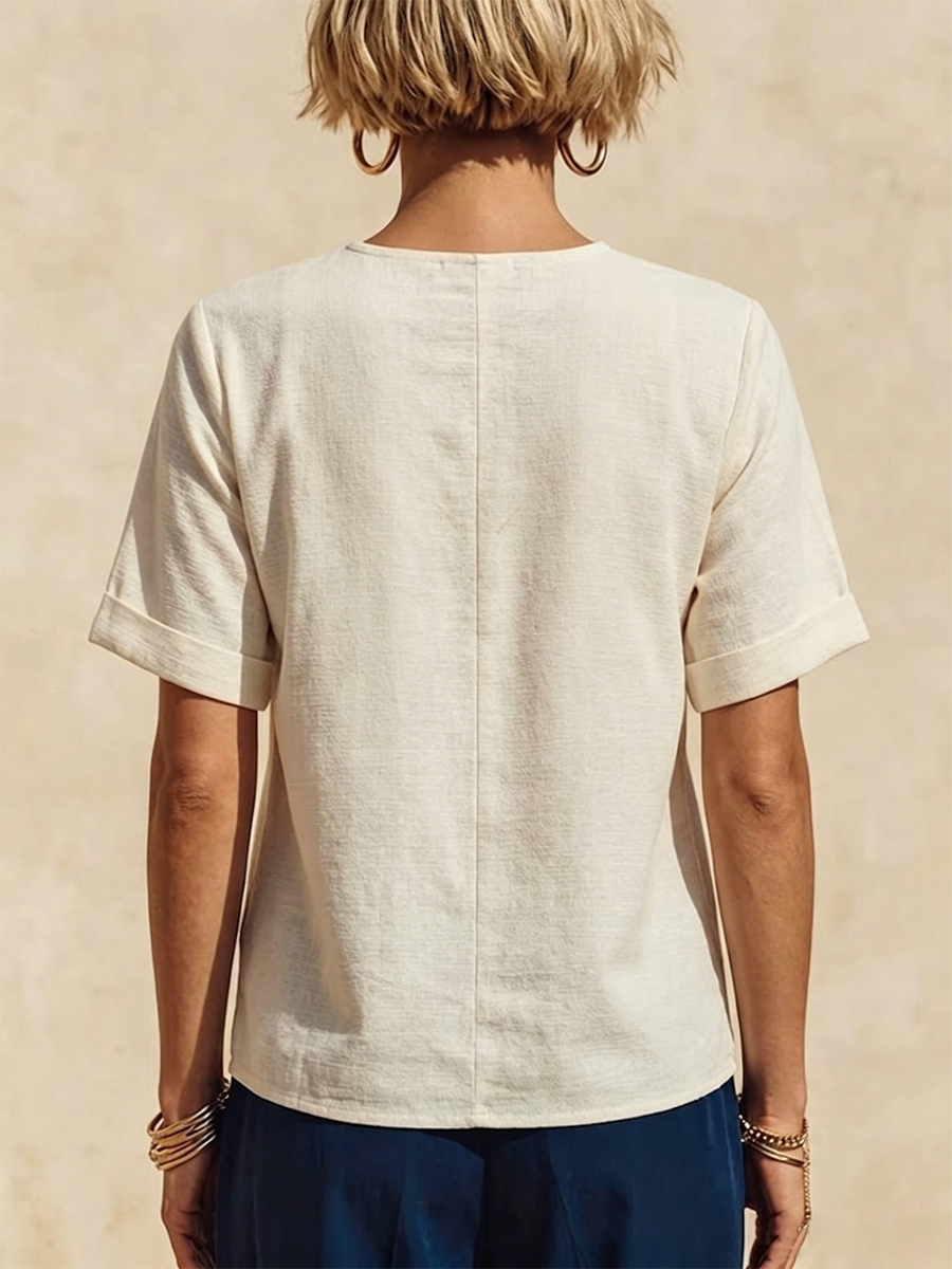 Women's Vintage Floral Embroidered V-neck Top – Casual Loose Cotton-linen Short-sleeve Shirt