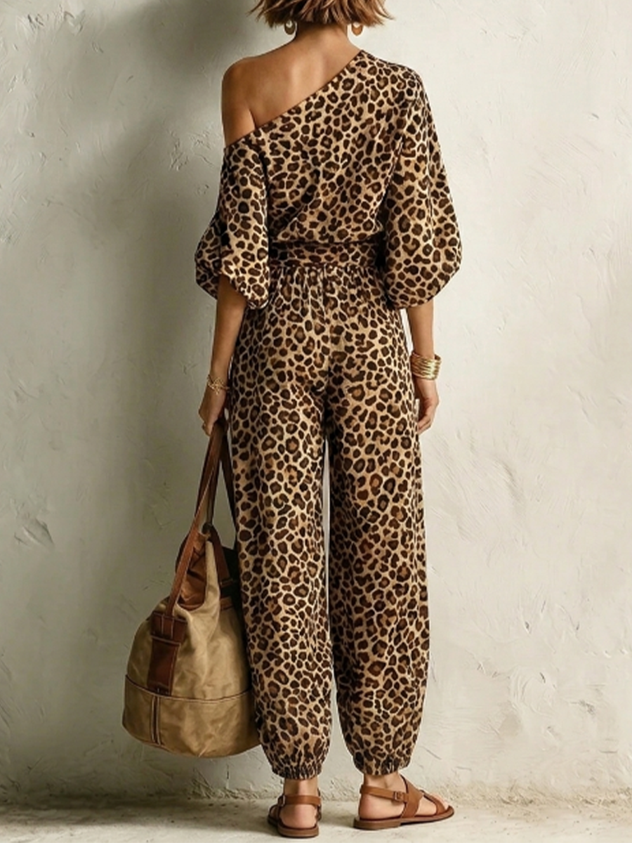 Leopard Print One Shoulder Batwing Half Sleeve Elastic High Waist Harem Jogger Two Piece Matching Set
