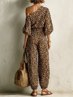 Leopard Print One Shoulder Batwing Half Sleeve Elastic High Waist Harem Jogger Two Piece Matching Set