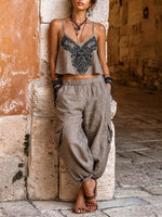 Women's Vintage Placement-print Cotton-linen Set: Sleeveless V-neck Loose-fit Camisole Top & High-waisted Wide-leg Pants