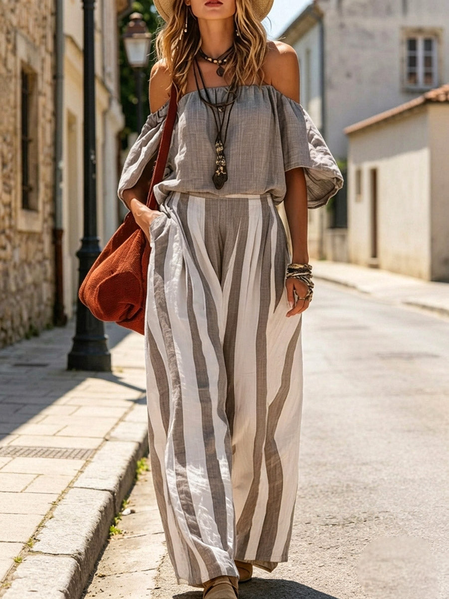 Women's Off-the-shoulder Art Comfortable Casual Top And Striped Pants Cotton Linen Two-piece Set