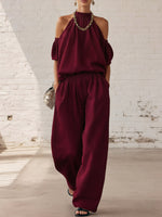 Women's Off-shoulder Halter Art Comfortable Casual Top And High-waisted Wide-leg Pants Cotton Linen Two-piece Set