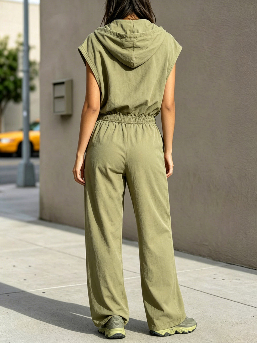 Women's Casual Loose Zip Hooded Sleeveless Pockets Jumpsuit