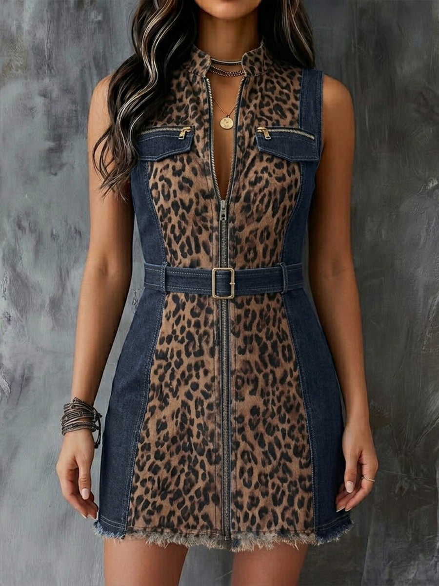 Fashionable Sleeveless Denim Mini Dress With Leopard Print Panels