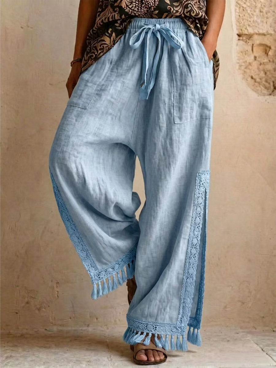 Women's Tassel Side Slit Loose-fit Casual Cotton And Linen Vacation Bohemian-style Wide-leg Pants