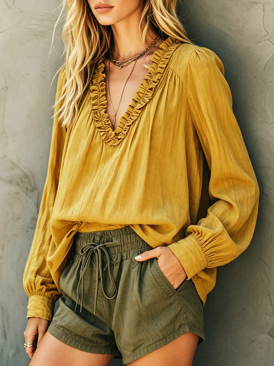 Women's Ruffled Art Casual Stylish Long Sleeve Cotton Linen Shirt