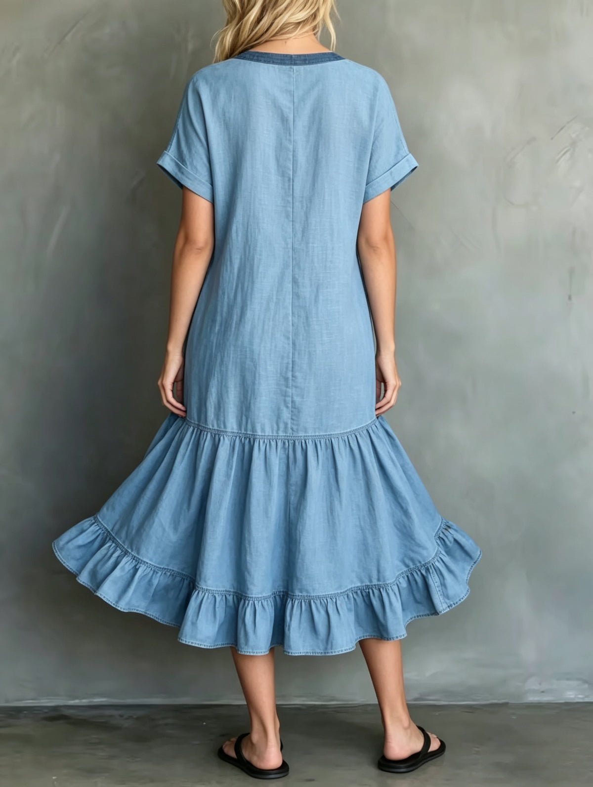 Color-block Trim V-neck Ruffle-hem Dress With Folded-cuff Short Sleeves