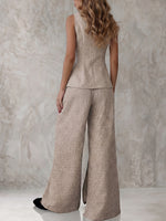 V-neck Sleeveless Vest And Trousers With Slits, Wide-leg Suit.
