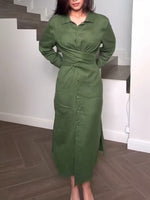 Casual Linen And Cotton Long-sleeve Tie Dress