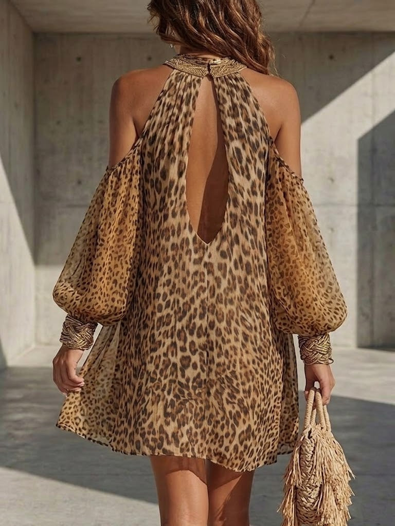 Women's Off-shoulder Leopard Print Chiffon Dress