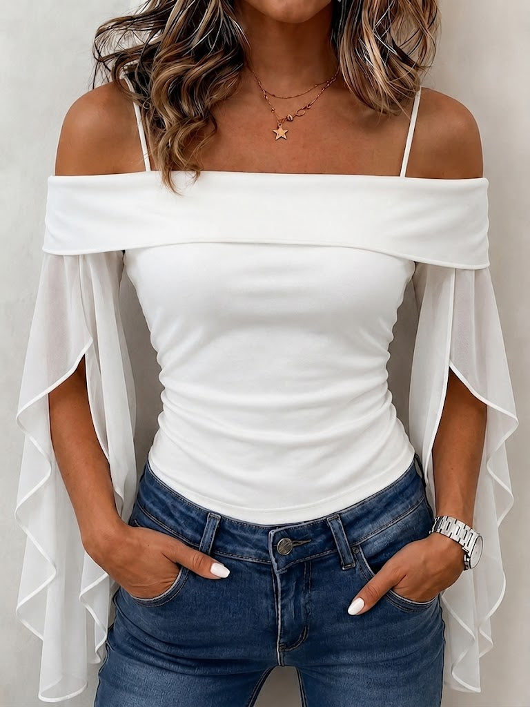 Stylish Cotton Off-shoulder Top With Chiffon Sleeve Panels