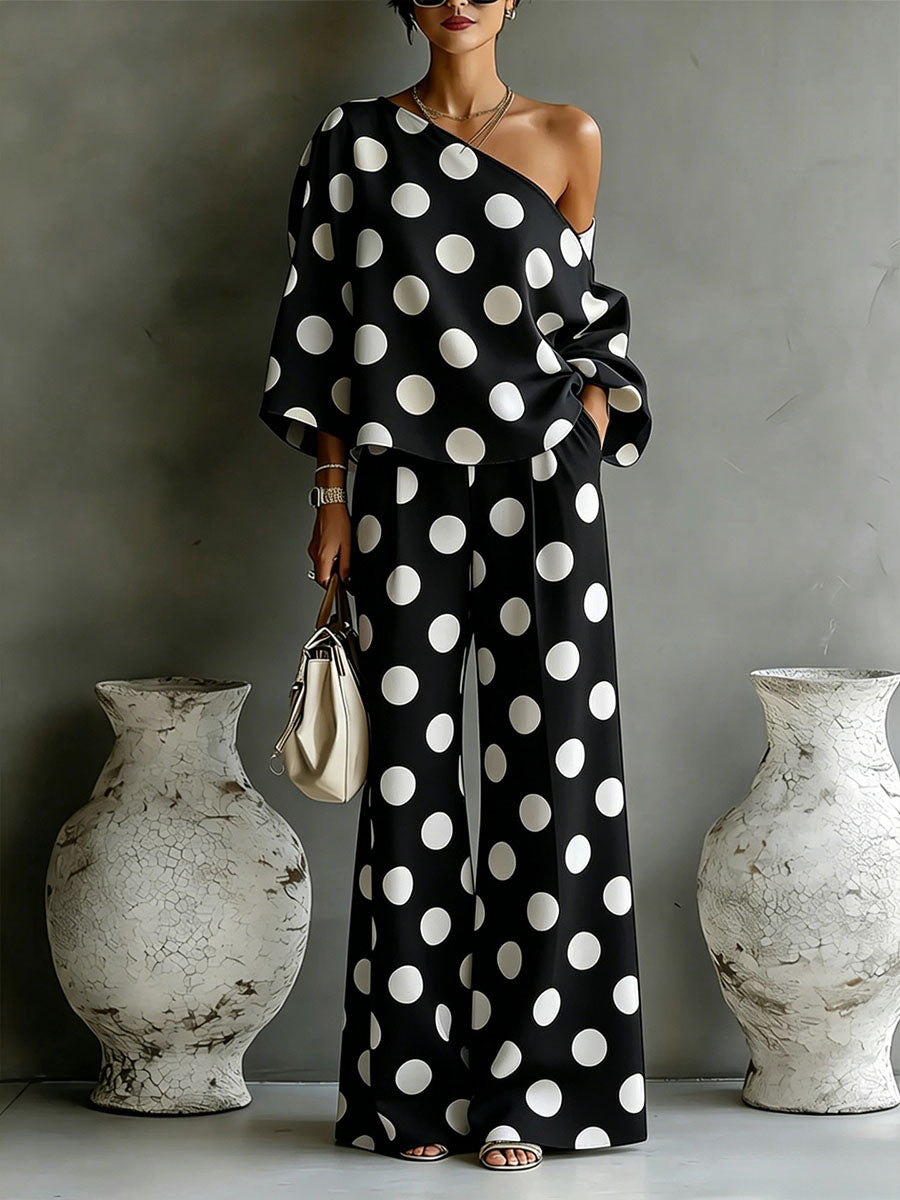 Women's Polka-dot Print Set: Long-sleeve Loose-fit One-shoulder Casual Top & High-waisted Wide-leg Pants