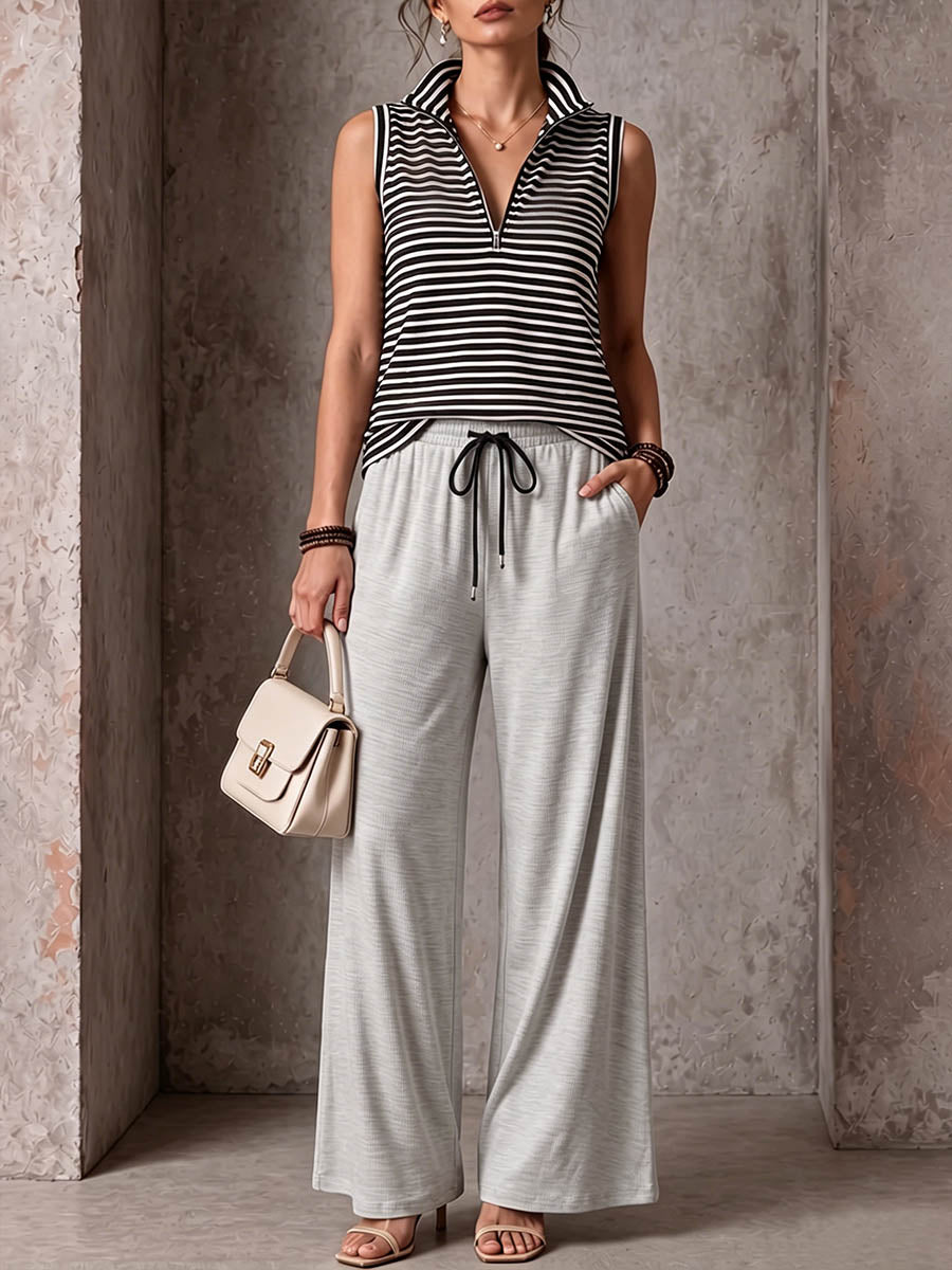 Women's Striped Print Sleeveless Mock-neck Casual Loose Top And High-waisted Wide-leg Pants Set