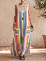 Vacation Rianbow Stripes Cotton Linen Maxi Dress