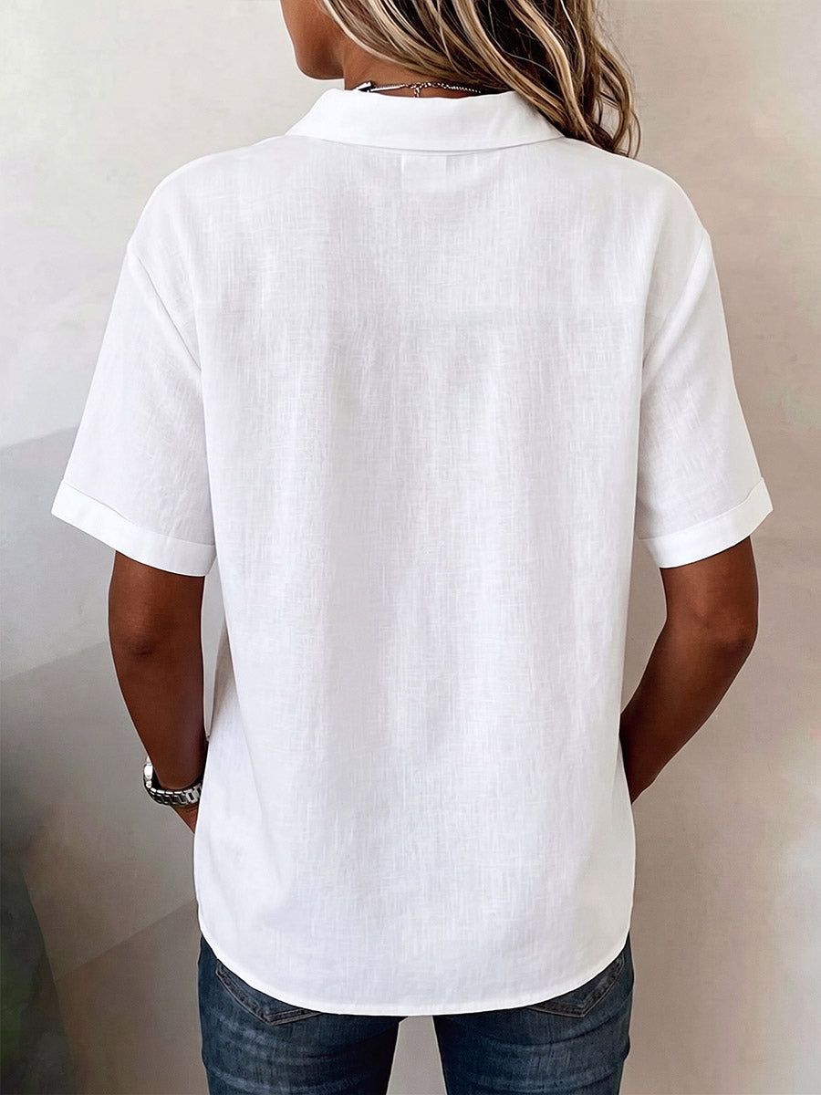 Women's solid color shirt collar short sleeve casual loose cotton-linen top