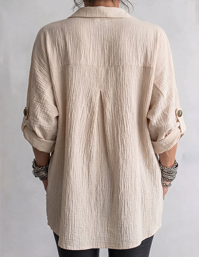 Women's Textured Pleated Linen Shirt With Turn-down Collar And Metal Buttons, Loose-fitting Casual Top