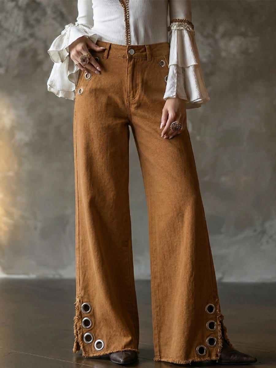 High-waisted Wide-leg Trousers With Raw-edge Split Hems And Metal Eyelet Details