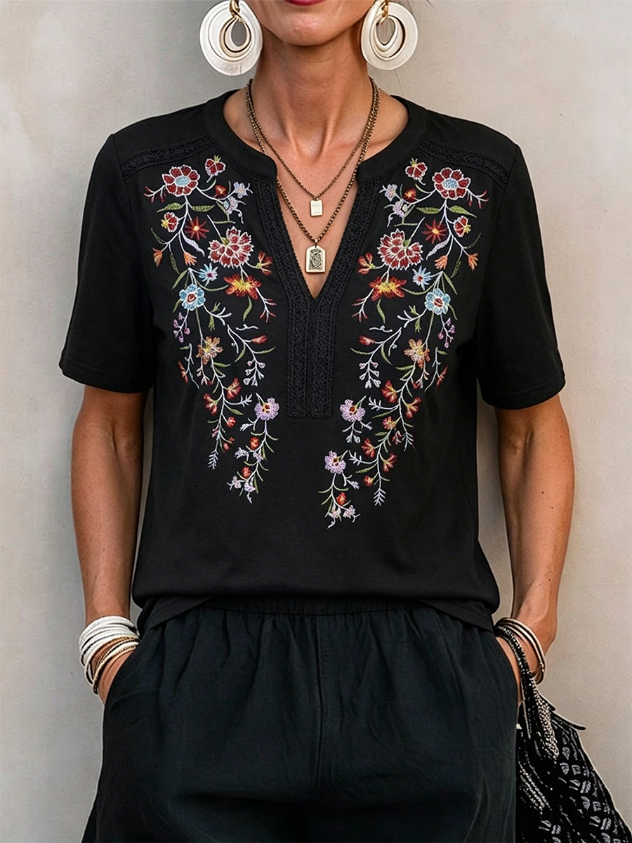 Short-sleeve Cotton Top With Colorful Floral Embroidery, Lace Trim, And A Small Open V-neck