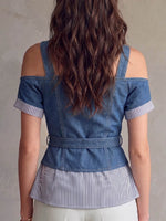 Women's Square-neck Short-sleeve Casual Loose-fit Top With Denim Patchwork And Striped Print