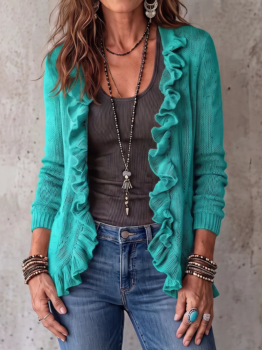 Boho-Chic Turquoise Ruffled Open-Front Knit Cardigan