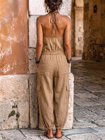 Women's Solid Color V-neck Cotton-linen Loose-fit Halter-neck Wide-leg Jumpsuit With Tassels And Tie-back Detail