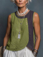Color-block Cotton-linen Tank Top With A Round Neck, Sleeveless Design, And Asymmetrical Curved Hem