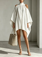 Elegant White Cold Shoulder Cape Linen Mini Dress
