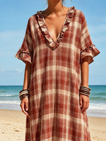 Women's Plaid Pattern Art Ruffled Casual Stylish Cotton Linen Maxi Dress