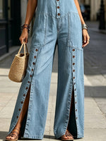 Women's Casual Loose Stylish Button Sleeveless Slit Pockets Jumpsuit