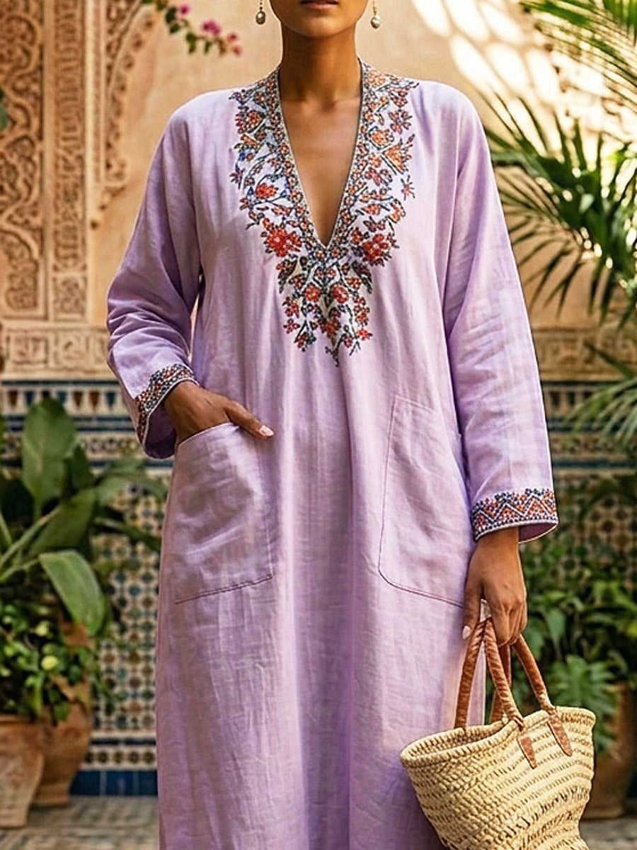 Women's Floral Art Casual Stylish V-collar Long Sleeve Cotton Linen Maxi Dress