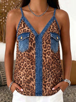 Women's Leopard Print V-neck Sleeveless Casual Loose Denim-paneled Top