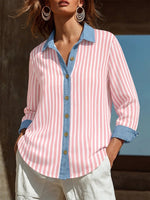 Women's Color-block Striped Shirt Featuring A Minimalist, Chic Style, Spliced collar, And Loose Fit