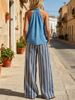 Women's Art Comfortable Casual Top And Striped Pants Cotton Linen Two-piece Set